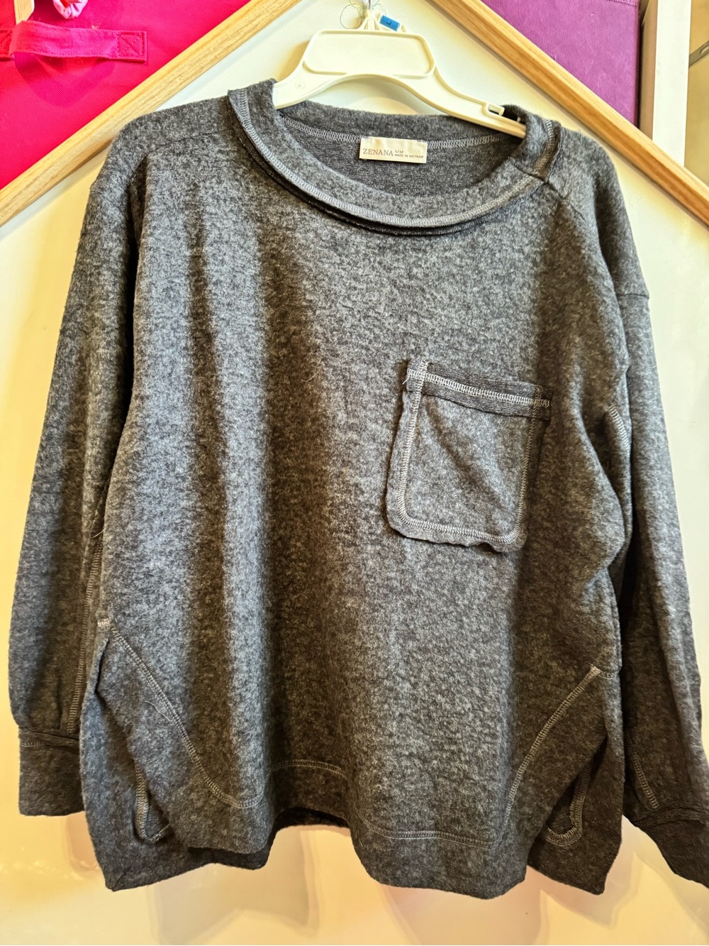 Zenana Outfitters Gray Pocket Crewneck Sweater